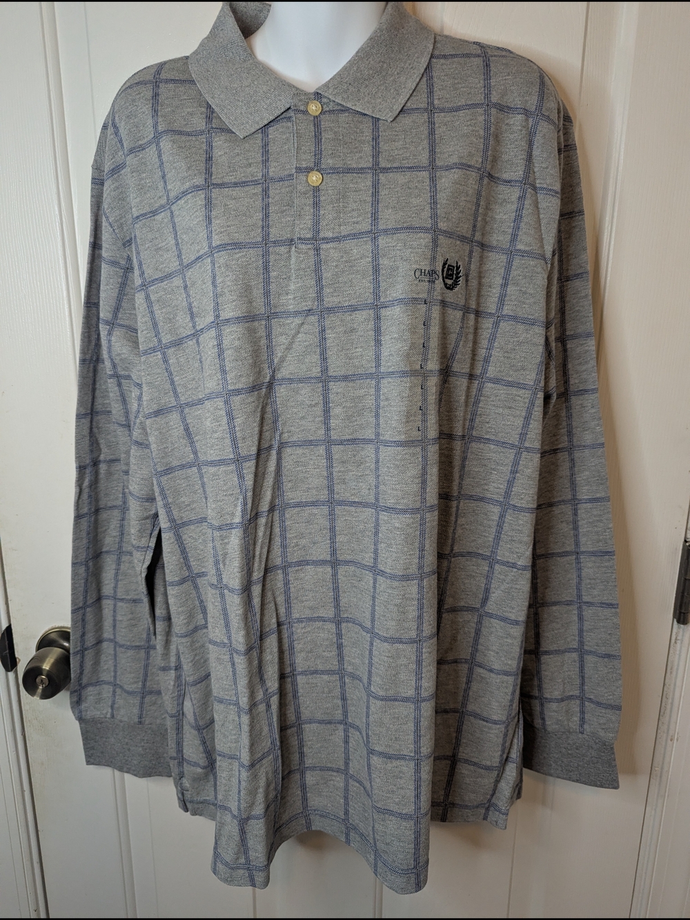 Chaps Men's Long Sleeve Polo Shirt Gray Blue Windowpane Plaid Cotton Size Large
